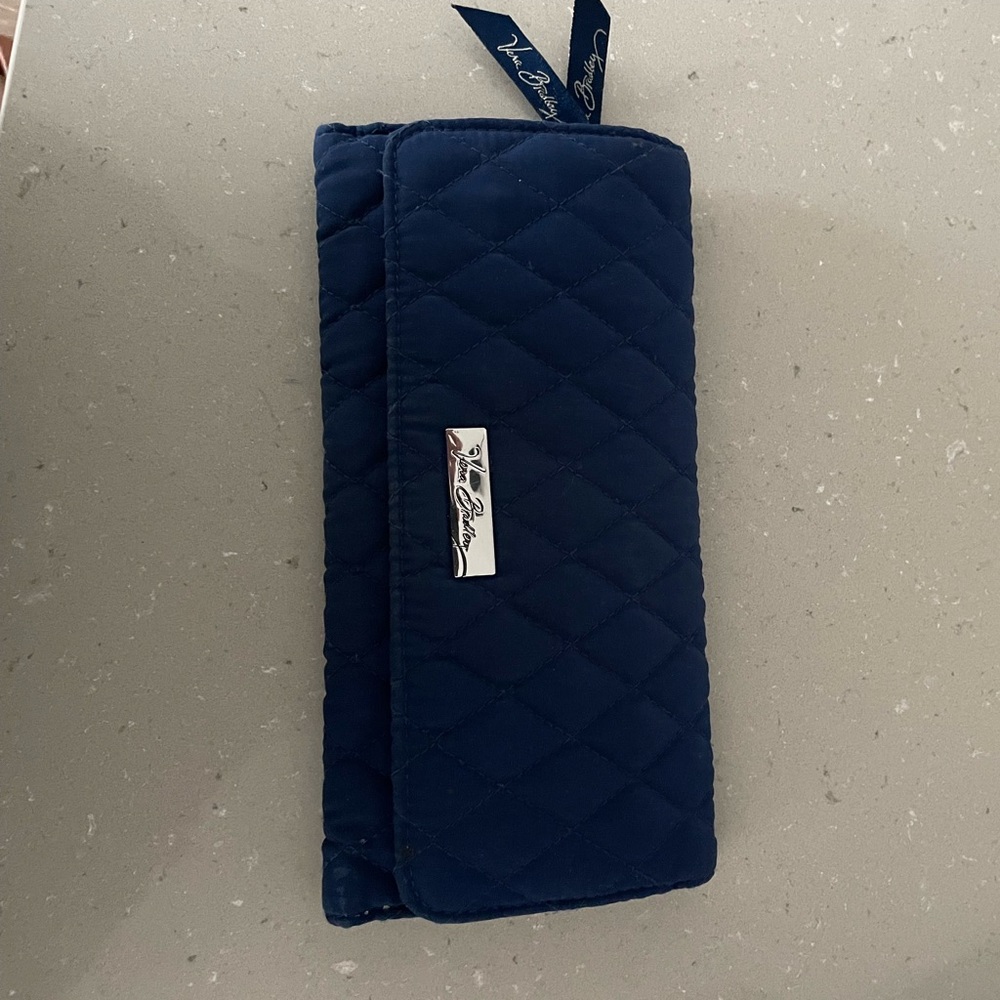Vera Bradley trifold wallet, navy blue with flowers inside